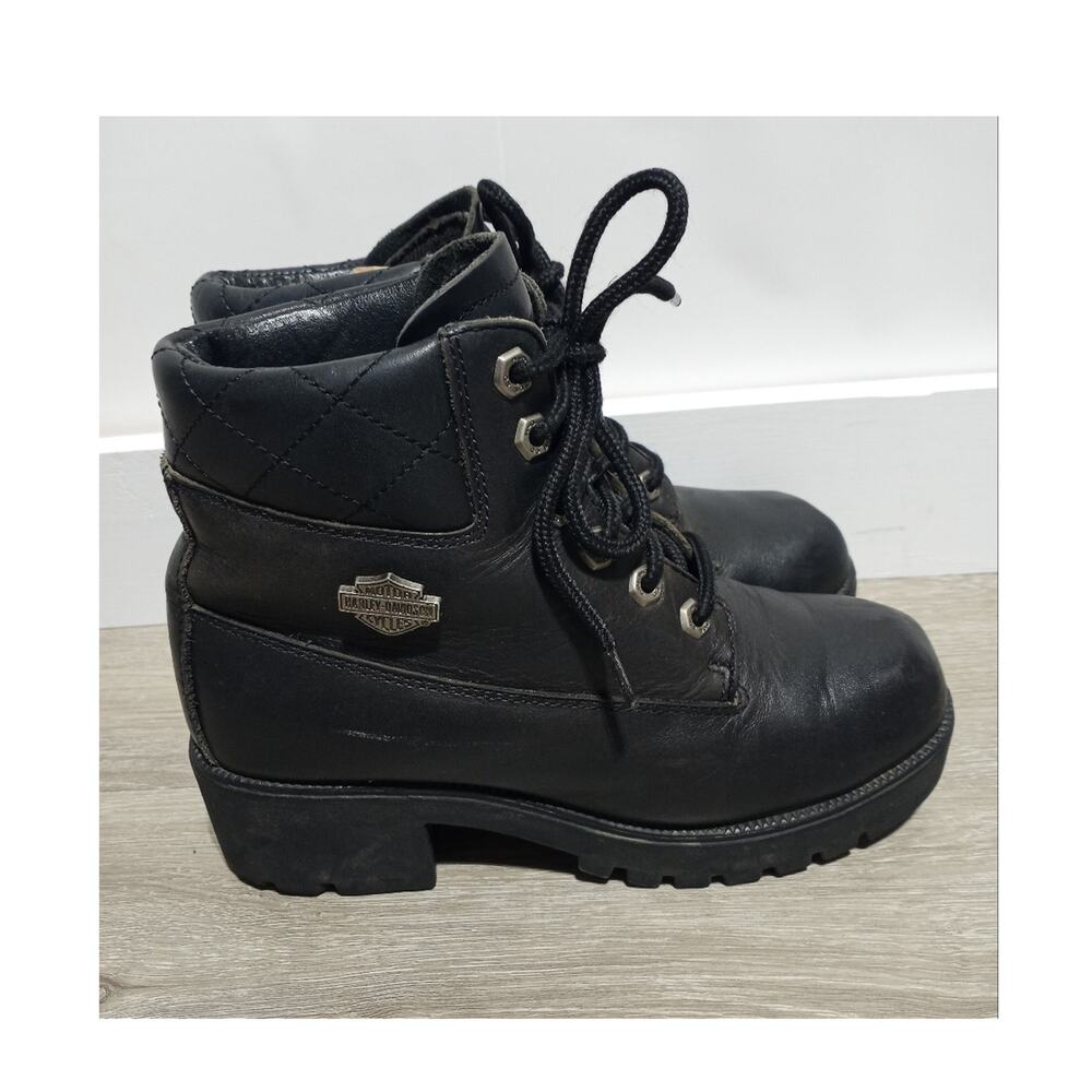 Harley-Davidson Woman's Black Leather Platform Heeled Boots Size 6.5 Biker
